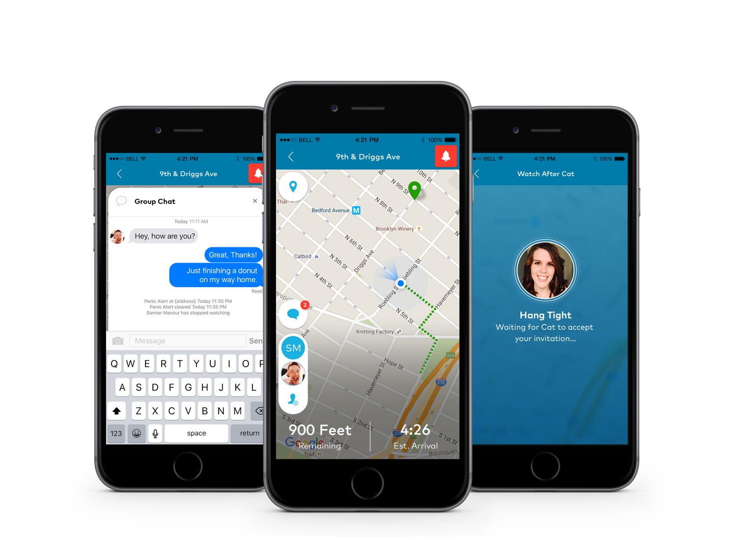 Product design example with three iPhone devices with LiveSafe Mobile App displayed
