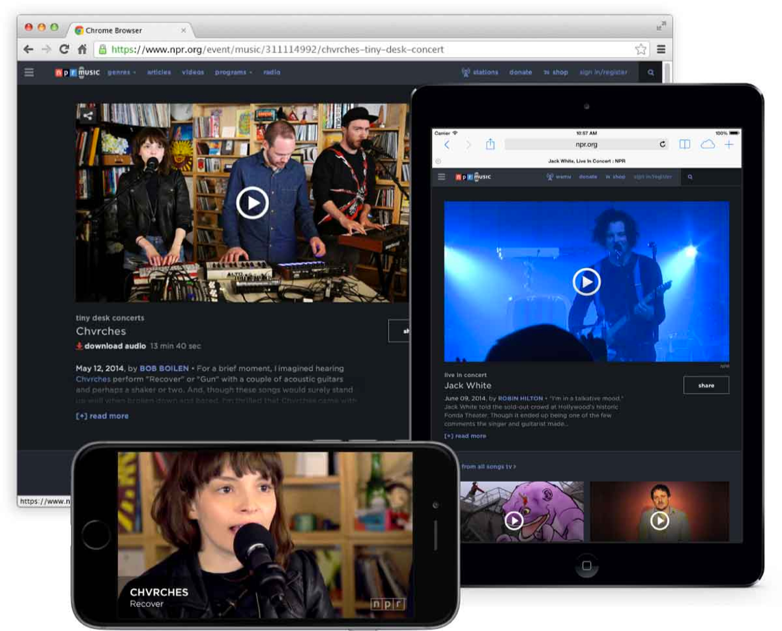 Product design example in a web browser, iPhone, and iPad with NPR Music displayed