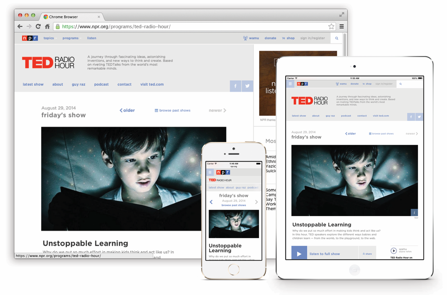 Web browser, iPhone, and iPad with NPR TED Radio Hour displayed