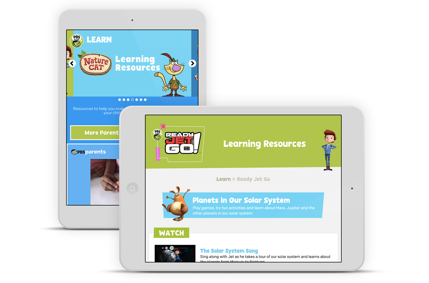 UX design example in a web browser, iPhone, and iPad with PBS KIDS displayed